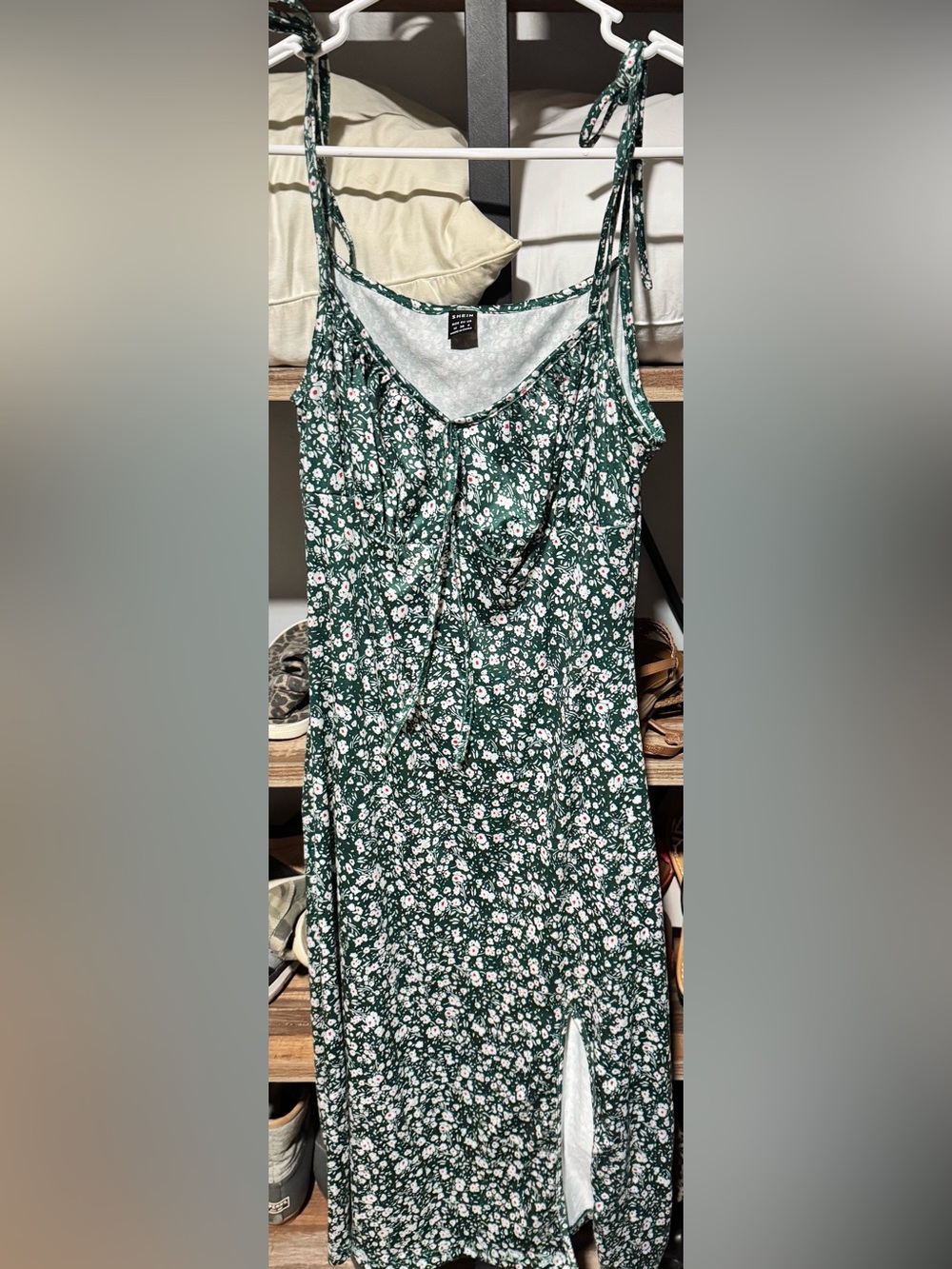 SHEIN Dark Green Floral Midi Dress with White & Pink Accents